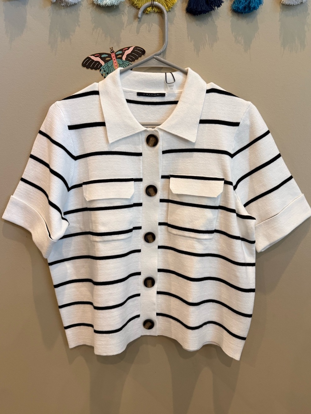 NWT T Tahari White & Black Striped Buttoned Knit Top